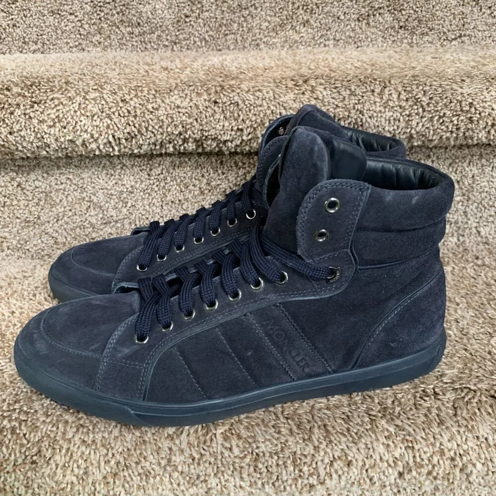 Moncler Men's Suede Blue Round-Toes Lace-Up High Top Sneakers . - Picture 2 of 15